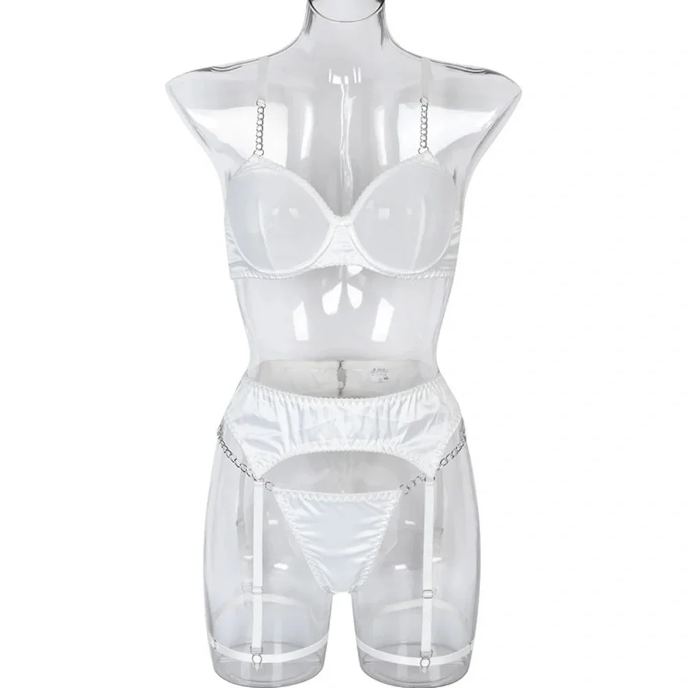 White mesh lingerie garter set w/chain Straps - Picture 7 of 9